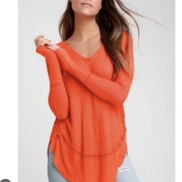 We The Free by Free People Rust Ruffle Hem Long Sleeve Top | Size M - Picture 1 of 9